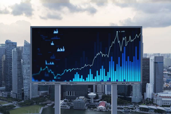 Günbatımında Singapur 'un havadan panoramik şehir manzarası ve ilan panosunda parlayan FOREX hologramı. Güneydoğu Asya 'da hisse ve tahvil ticareti. Fon yönetimi kavramı. — Stok fotoğraf