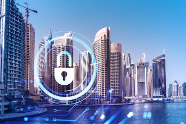 Şehir merkezindeki Dubai gökdelenleri. Uluslararası ticaret ve finansal hizmetler merkezi. Simge hologramını kilitle, veri güvenliği kavramı. Çifte maruziyet. Dubai Kanalı Rıhtımı.