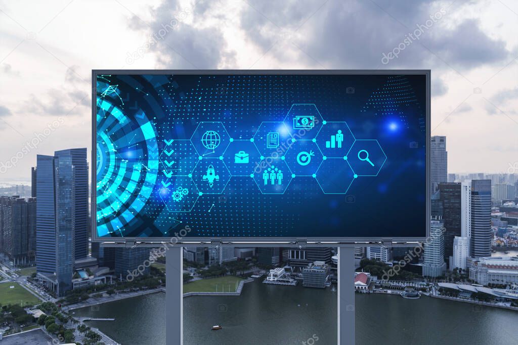 Hologram of Research and Development glowing icons on billboard. Sunset panoramic city view of Singapore. Concept of innovative technologies to create new services and products in Southeast Asia.