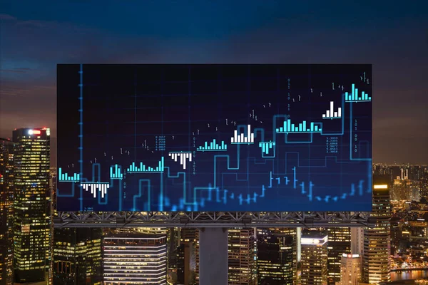 Holograma gráfico FOREX en valla publicitaria, paisaje urbano panorámico nocturno aéreo de Singapur. La ubicación desarrollada para los investigadores del mercado de valores en el sudeste asiático. El concepto de análisis fundamental —  Fotos de Stock