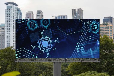 Panorama City 'nin Bangkok manzarası üzerinde teknoloji hologramı var. Güneydoğu Asya 'nın en büyük teknoloji merkezi. Kodlama ve yüksek teknoloji geliştirme kavramı.