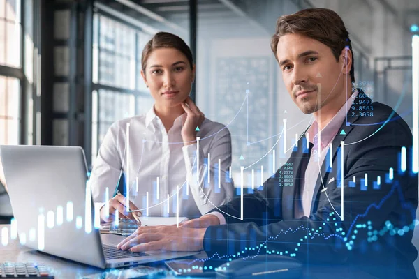 Businessman and businesswoman in formal wear working together to optimize trading strategy at corporate finance fund. Forex chart hologram over office background with panoramic windows — Stock Photo, Image