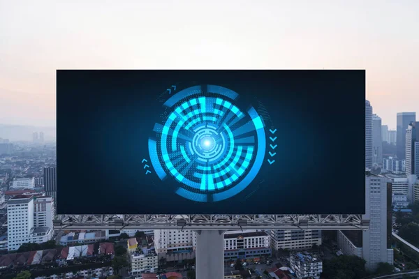 Glowing hologram of technological process on billboard, aerial panoramic cityscape of Kuala Lumpur at sunset. KL is the largest innovative hub of tech services in Malaysia, Asia.