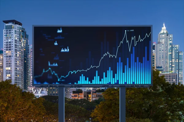 FOREX grafhologram på skylt, antenn natt panoramautsikt stadsbild i Bangkok. Den utvecklade platsen för aktiemarknadsforskare i Sydostasien. Begreppet grundläggande analys — Stockfoto