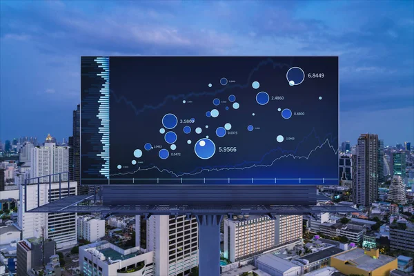 FOREX grafhologram på skylt, antenn natt panoramautsikt stadsbild i Bangkok. Den utvecklade platsen för aktiemarknadsforskare i Sydostasien. Begreppet grundläggande analys — Stockfoto