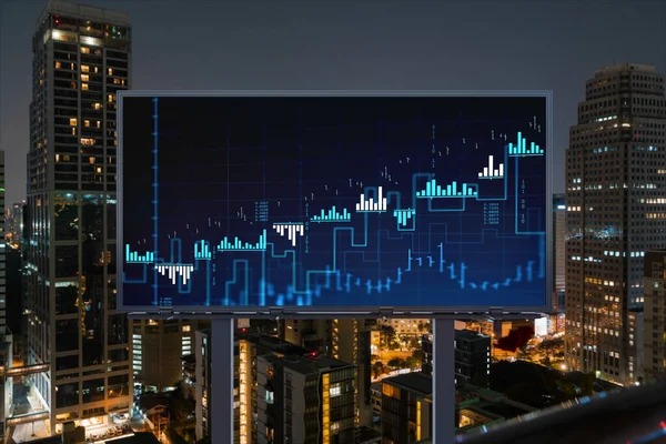 ビルボード上のFOREXグラフホログラム、バンコクの空の夜のパノラマの街並み。東南アジアの株式市場研究者のための開発された場所。基本的な分析の概念 — ストック写真