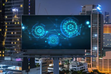 Yol reklam panosunda bilgi akışı hologramı, Bangkok 'un gece panorama şehri manzarası. Güneydoğu Asya 'nın en büyük teknoloji merkezi. Bilimi programlama kavramı.
