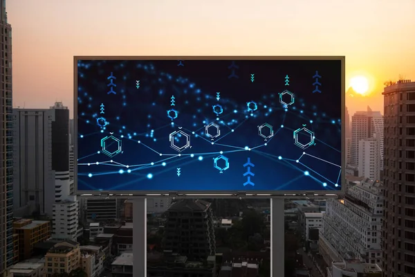 Glowing hologram of technological process on billboard, aerial panoramic cityscape of Bangkok at sunset. The largest innovative hub of tech services in Southeast Asia.