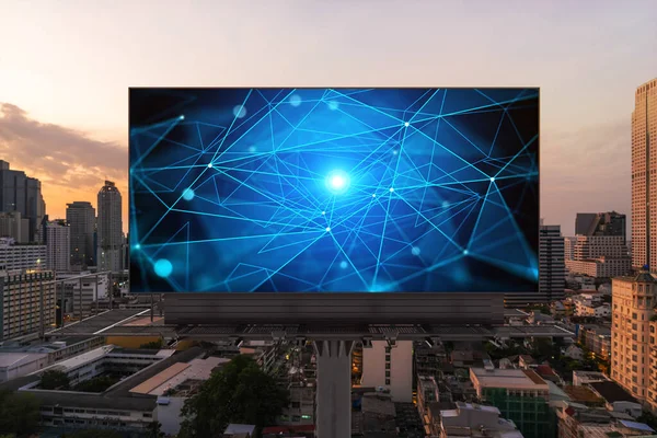 Glowing hologram of technological process on billboard, aerial panoramic cityscape of Bangkok at sunset. The largest innovative hub of tech services in Southeast Asia.