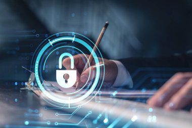 Bir programcı, müşterilerinin siber güvenliği bilgisayar korsanlarının saldırılarından korumak ve müşterilerinin gizli verilerini kaydetmek için ihtiyaç duydukları notları alıyor. Hologram simgelerini daktilo eden ellerin üzerine kilitle. Resmi giysi