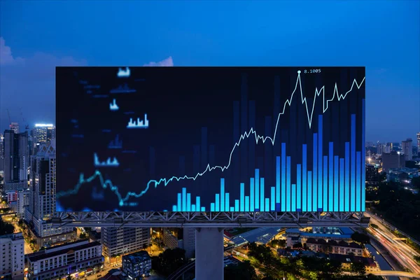 ビルボード上のFOREXグラフホログラム、クアラルンプールの空の夜のパノラマの街並み。KLは、マレーシア、アジアの株式市場研究者のために開発された場所です。基本的な分析の概念 — ストック写真