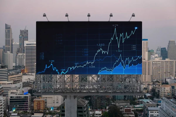 Glowing FOREX graph hologram on billboard, aerial panoramic cityscape of Bangkok at sunset. Stock and bond trading in Southeast Asia. The concept of fund management. — Stock Photo, Image