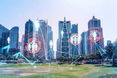 Panoramik manzaralı gökdelenler. Dubai Emirliğinin başkentinin modern şehri. İşe alım ve sosyal ilişkiler kavramı. Çift pozlama.