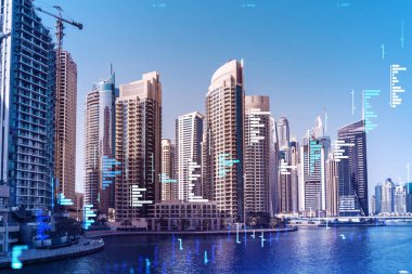 Şehir merkezindeki Dubai gökdelenleri. Batı Asya 'nın uluslararası ticaret ve finans merkezi. FOREX grafik ve grafik konsepti. Çifte maruziyet. Dubai Kanalı Rıhtımı.