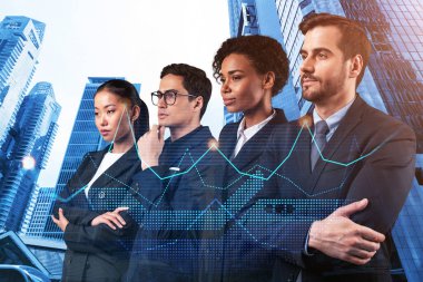 Yeni risk sermayesi ve yüksek teknoloji üzerinde çalışan bir grup iş arkadaşı riskleri tahmin etmeye ve olası kazanç artışlarını tahmin etmeye çalışıyor. Singapur arkaplanının hologram şeması.