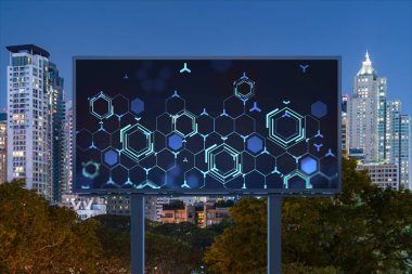 Yol reklam panosunda bilgi akışı hologramı, Bangkok 'un gece panorama şehri manzarası. Güneydoğu Asya 'nın en büyük teknoloji merkezi. Bilimi programlama kavramı.