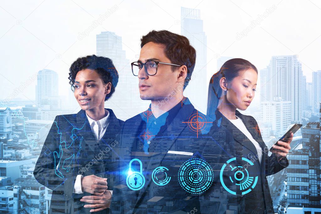 Group of business colleagues as a part of multinational corporate team working on project to protect clients information at cybersecurity compliance division. IT lock icons over Bangkok