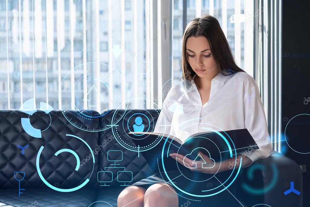 Portrait of attractive businesswoman in formal wear working with documents and thinking how to optimize business process by applying new technologies. Hi tech holograms over modern office background