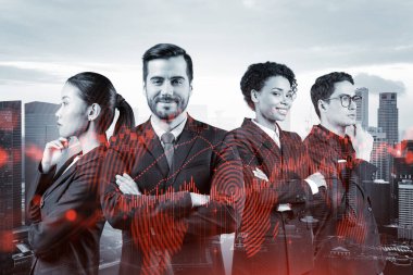 Yeni risk sermayesi ve yüksek teknoloji üzerinde çalışan bir grup iş arkadaşı riskleri tahmin etmeye ve olası kazanç artışlarını tahmin etmeye çalışıyor. Singapur arkaplanının hologram şeması.