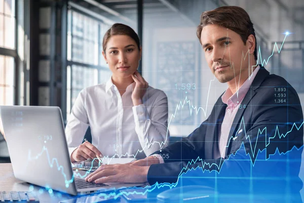 Businessman and businesswoman in formal wear working together to optimize trading strategy at corporate finance fund. Forex chart hologram over office background with panoramic windows — Stock Photo, Image