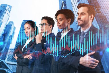 Yeni risk sermayesi ve yüksek teknoloji üzerinde çalışan bir grup iş arkadaşı riskleri tahmin etmeye ve olası kazanç artışlarını tahmin etmeye çalışıyor. Singapur arkaplanının hologram şeması.