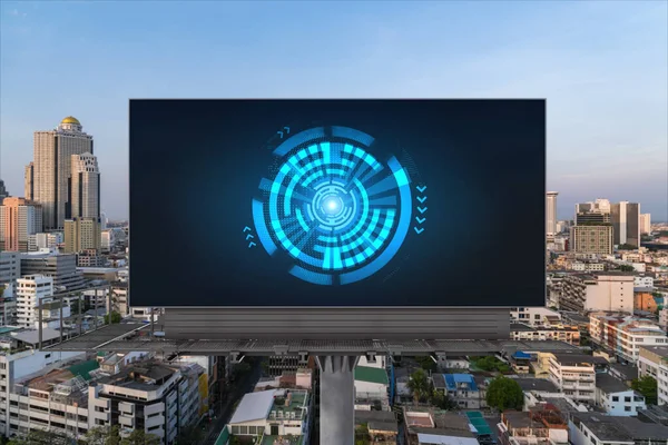 Glowing hologram of technological process on billboard, aerial panoramic cityscape of Bangkok at sunset. The largest innovative hub of tech services in Southeast Asia.