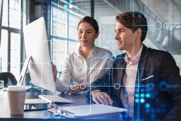 Businessman and businesswoman in formal wear working together to optimize business process by applying new technologies. Hi tech holograms over modern office background with panoramic windows — Stock Photo, Image