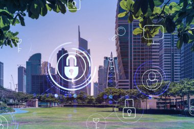 Panoramik manzaralı gökdelenler. Dubai Emirliğinin başkentinin modern şehri. Finansal hizmetler merkezi. Bilgi güvenliği kavramı. Kilit simgesi. Çift pozlama.