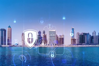 Şehir merkezindeki Dubai gökdelenleri. Uluslararası ticaret ve finansal hizmetler merkezi. Simge hologramını kilitle, veri güvenliği kavramı. Çifte maruziyet. Dubai Kanalı Rıhtımı.