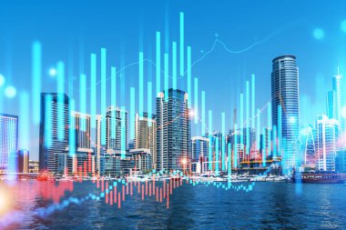 Şehir merkezindeki Dubai gökdelenleri. Batı Asya 'nın uluslararası ticaret ve finans merkezi. FOREX grafik ve grafik konsepti. Çifte maruziyet. Dubai Kanalı Rıhtımı.