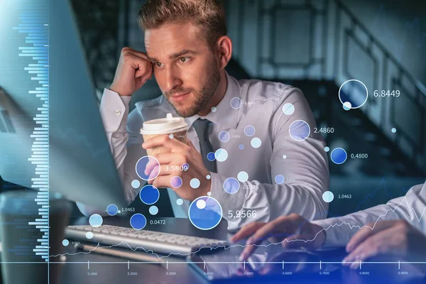 Two colleagues in formal wear working together to optimize trading strategy at corporate finance fund. Forex chart hologram over modern office background