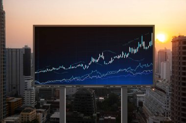İlan panosunda parlayan FOREX grafiği, gün batımında Bangkok 'un panoramik şehir manzarası. Güneydoğu Asya 'da hisse ve tahvil ticareti. Fon yönetimi kavramı.