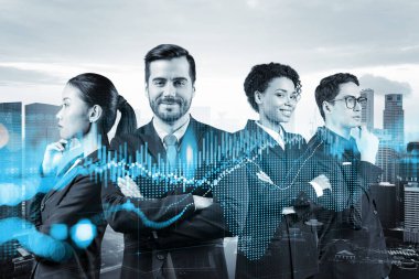Yeni risk sermayesi ve yüksek teknoloji üzerinde çalışan bir grup iş arkadaşı riskleri tahmin etmeye ve olası kazanç artışlarını tahmin etmeye çalışıyor. Singapur arkaplanının hologram şeması.