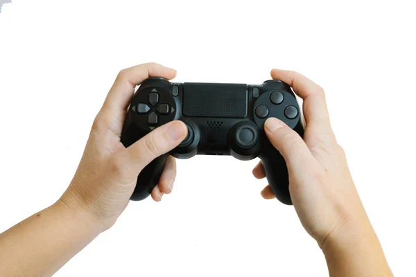 Händerna Håller Svart Gamepad För Att Spela Dataspel Isolerad Vit — Stockfoto