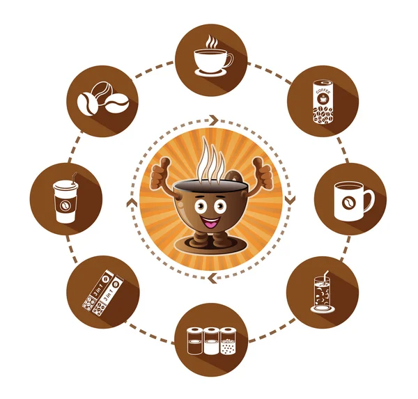 Мультфильм Улыбающийся кофе и современные плоские иконы кофе набор с длинным эффектом тени — стоковый вектор