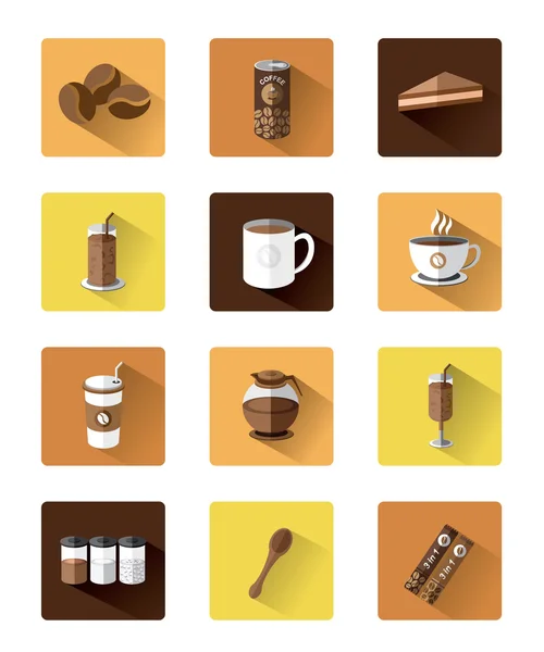 Moderne flache Kaffee-Ikonen mit langem Schatten-Effekt. — Stockvektor