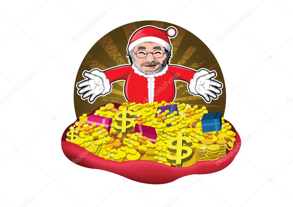 Santa claus with gifts , money and gold