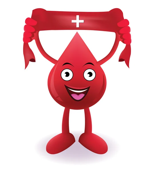 Cartoon Smiling blood with Donate drop blood red sign on towel — Stock Vector