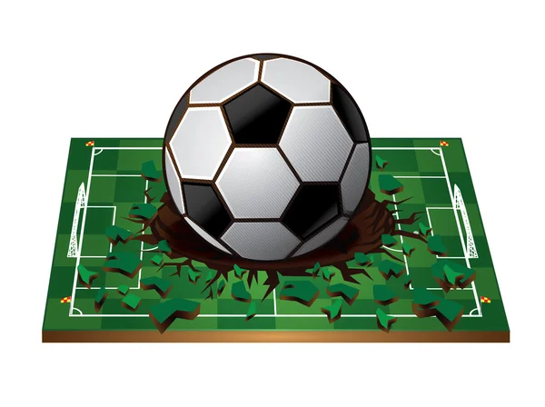 Soccer ball with Broken green 3d soccer field — Stock Vector