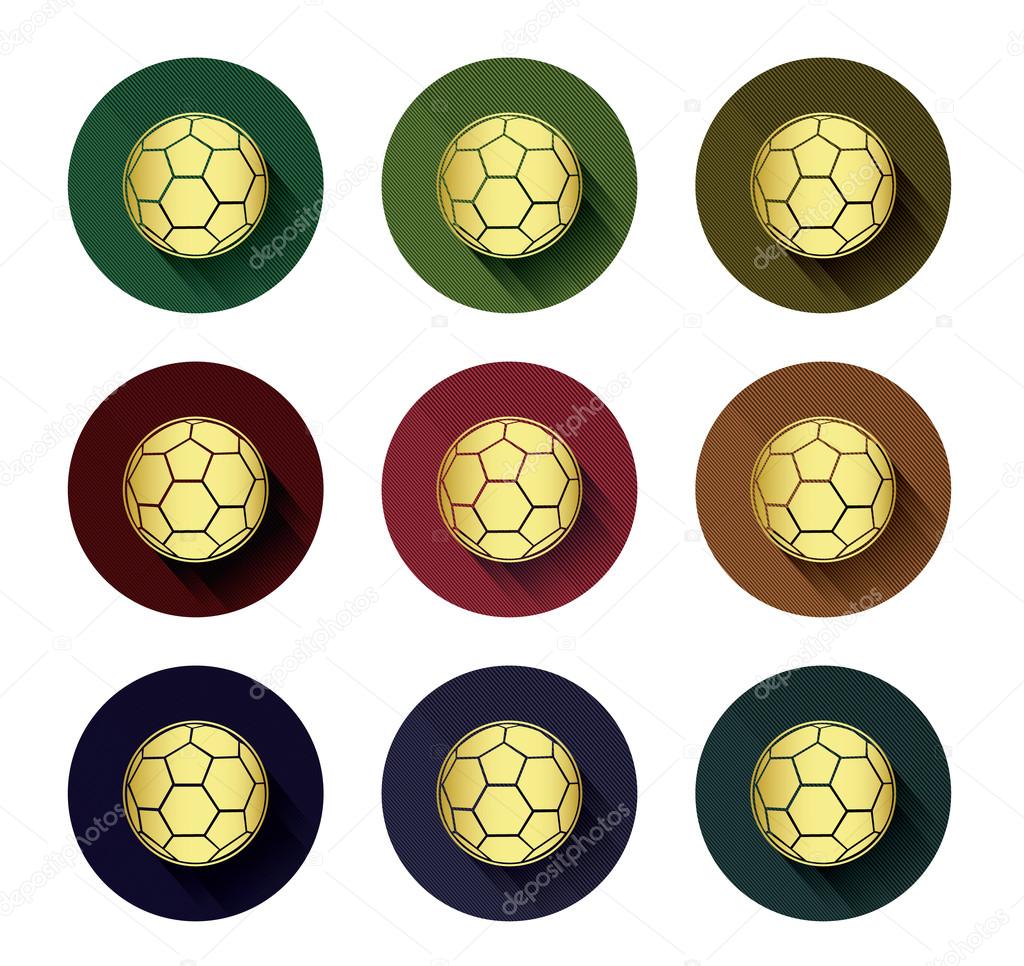 Golden soccer ball icons set with long shadow effect