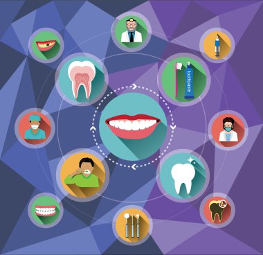 Çokgen arka plan ile modern düz diş Icons set