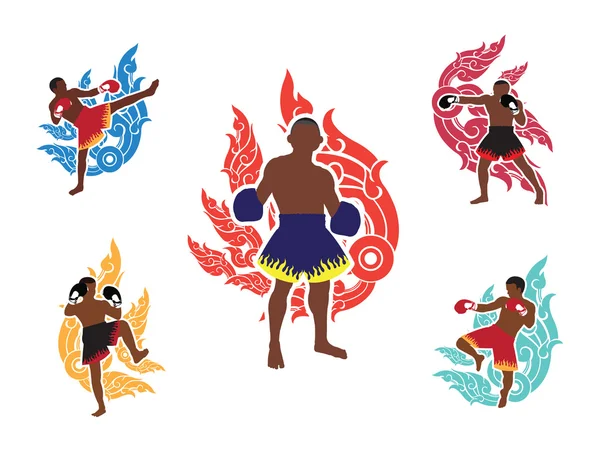 Boxer thaïlandais et fond d'art thaï ensemble — Image vectorielle