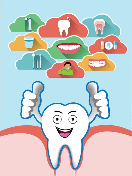 Desenhos animados dente sorridente com conjunto de nuvens dentárias —  Vetores de Stock