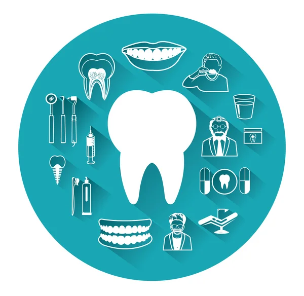 Ícones dentários planos modernos conjunto com efeito de sombra longa — Vetor de Stock