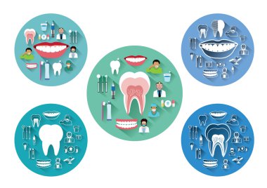 Uzun gölge efekti ile modern düz diş Icons set