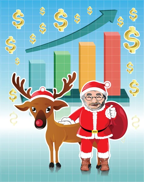 Santa claus and red nosed reindeer with business graph — Stock Vector