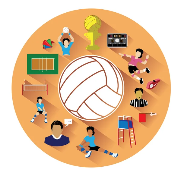 Iconos modernos de voleibol plano con efecto de sombra larga — Vector de stock