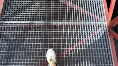 Hafif spor ayakkabılı kadın bacakları, metal asma köprü boyunca yürüyor. Aşağıda bir nehir akıyor. Toplantıya giden insanların bacakları periyodik olarak görülebilir..