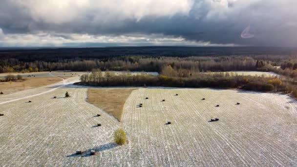 Vista Superior Primera Nieve Que Cayó Campo Cosechado Del Campo — Vídeo de stock