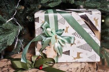 Nane ve altın kurdeleyle bağlanmış bir hediyeyle Noel kutusu yeşil bir Noel ağacının altında yatıyor.                               